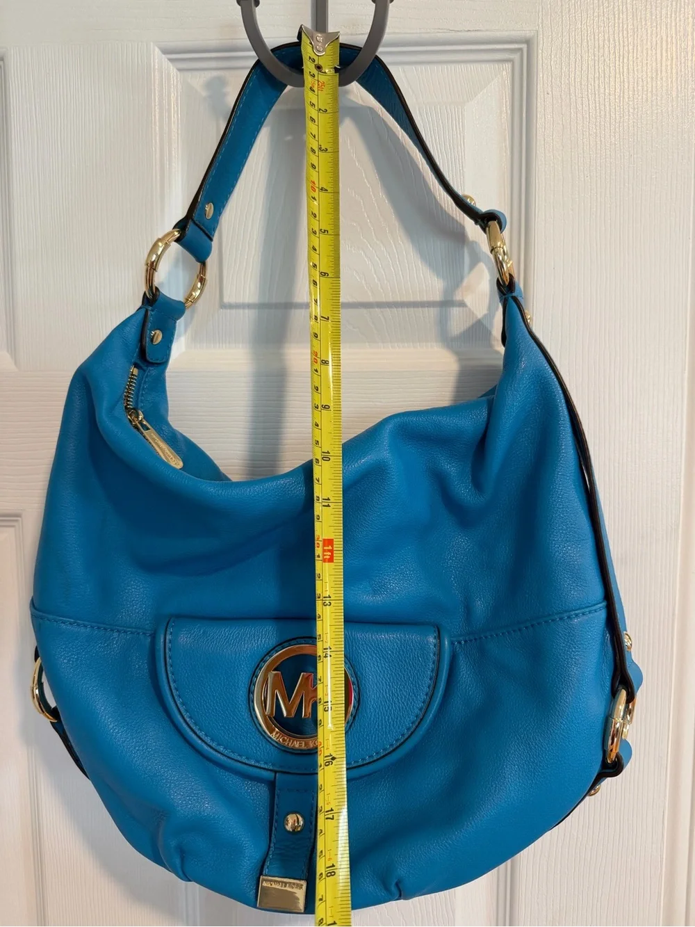 Michael Kors Aqua Blue Leather Hobo with Gold MK Accent